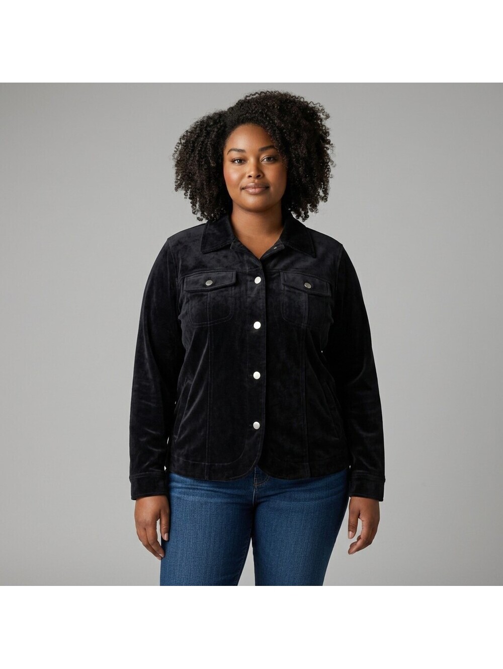 Coldwater Creek Jacket Women 1X Plus Black Button Up Long Sleeve Cotton Collared